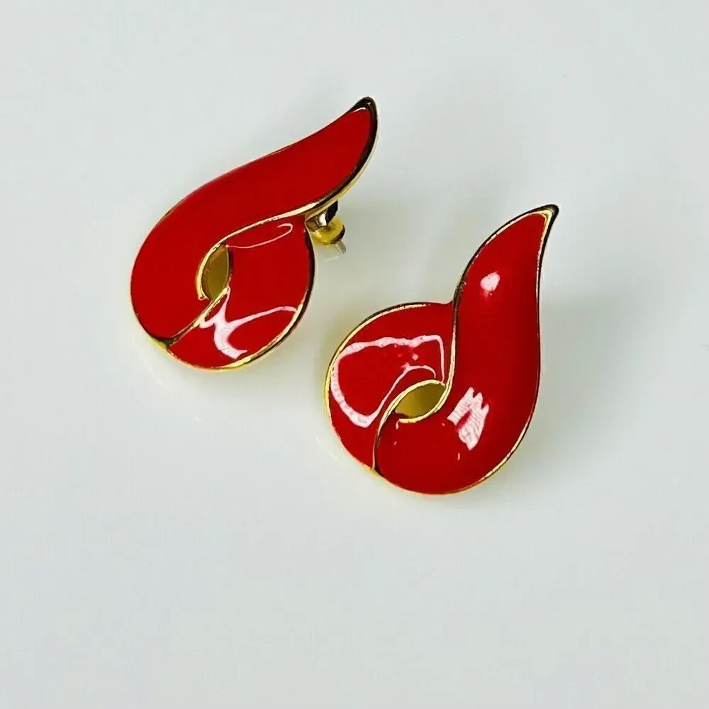 Vintage Enamel  Red Gold Tone Enamel Wave Pierced Earrings 90s Y2K